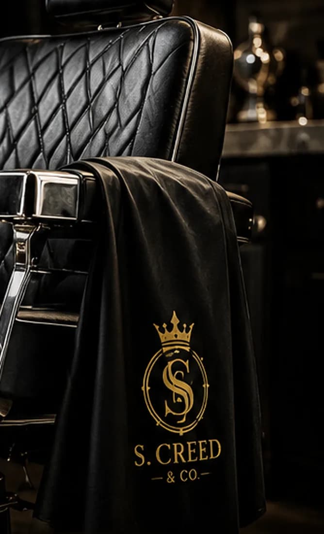 The chair at Creed Collective Cuts with an S. Creed & Co. cape draped over the arm